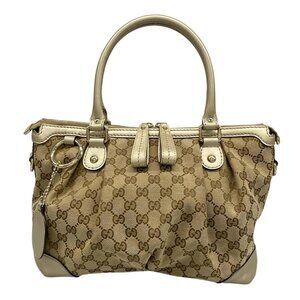 Auth GUCCI Sukey, GG Pattern 247902 Dark Brown Beige Gold Jacquard Leather